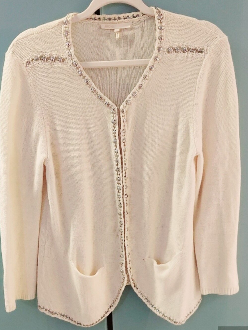 Maje Sweater, Size L Cream Knit, Hook & Eye Closure, Silver Accents